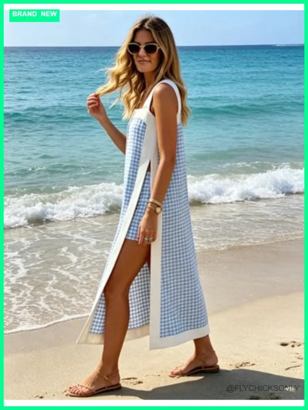 Women's Two Piece Plaid Short Sleeveless Maxi Dress Sets with Pockets